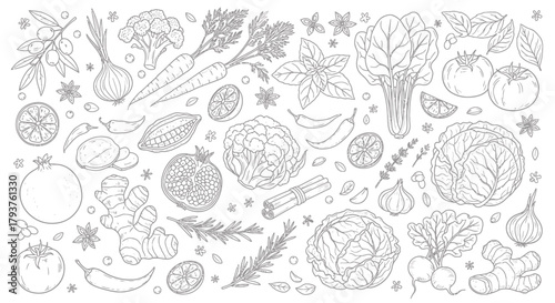 Illustration of collection of fresh vegetables and herbs in a handdrawn sketch style