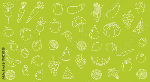 Illustration of assortment of fresh fruits and vegetables in outline