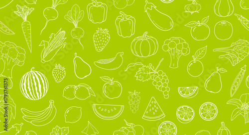 Illustration of a vibrant green background with a white outline pattern of fruits and vegetables