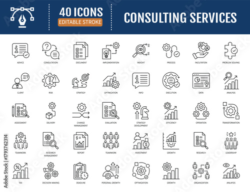 Consulting Services icon set. Vector illustration with editable strokes