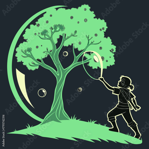 Character saving a tree inside a protective bubble.