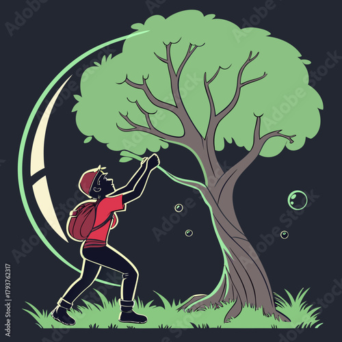 Character saving a tree inside a protective bubble.