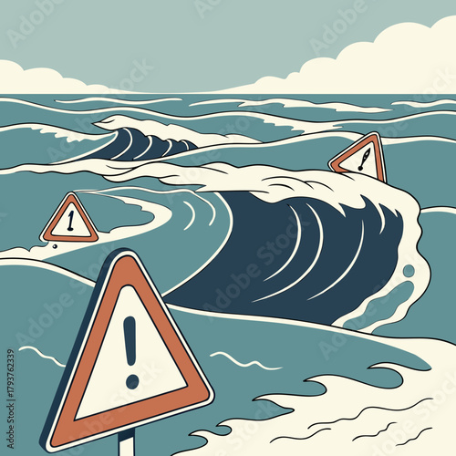 Ocean with waves forming climate warning symbols.