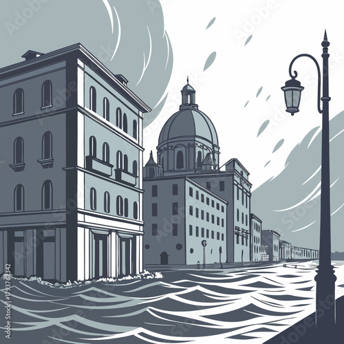 City partially submerged by rising sea levels.