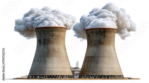 Nuclear Power Plant: Towering industrial structures belch plumes of smoke, representing energy production and the complexities of environmental impact.