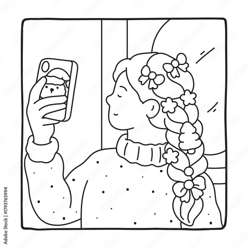 Fototapeta premium Cozy Girl Christmas Coloring Pages, Cozy Girl Christmas Coloring Pages for Kids & Adults, Christmas Coloring Pages, bold & easy cozy winter coloring book pages, vector art, line art 
