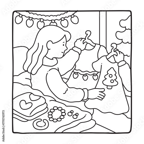 Cozy Girl Christmas Coloring Pages,  Cozy Girl Christmas  Coloring Pages for Kids & Adults, Christmas Coloring Pages, bold & easy cozy winter coloring book pages, vector art, line art 