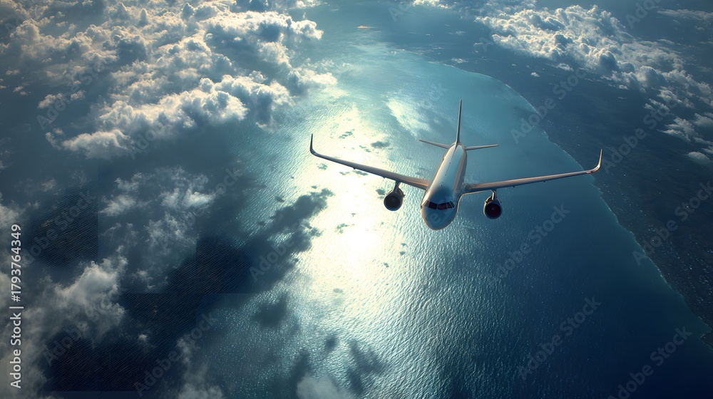 Fototapeta premium Commercial passenger airplane flies above bright sunlit ocean water near cloud formations