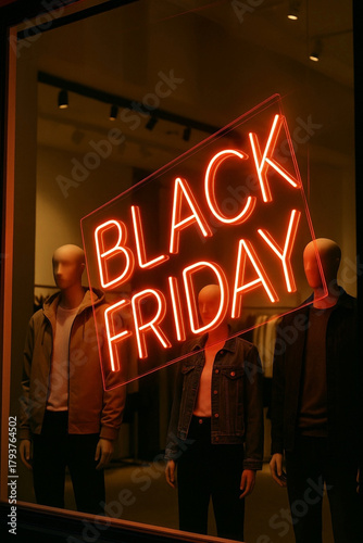 Escaparate de tienda de ropa con miniquíes en Black Friday.