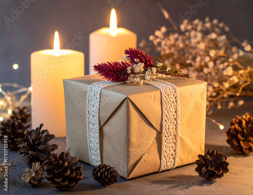 Regalo con decoraciones de velas blancas y piñas.