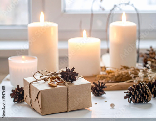 Regalo con decoraciones de velas blancas y piñas.