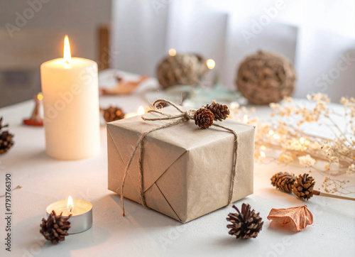 Regalo con decoraciones de velas blancas y piñas.