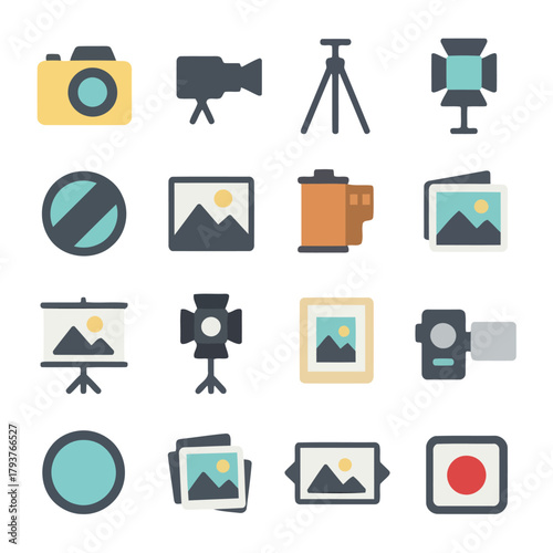 Photography and Filming Elements: A collection of various photography and filmmaking equipment and resources, presented as a vibrant, inviting composition for both visual storytelling.