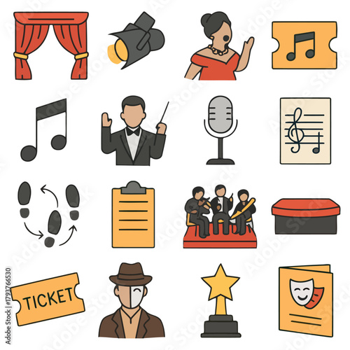 Theatrical Arts Collection: A set of vibrant icons representing the diverse elements of theatre and performing arts, perfect for design and educational uses. 
