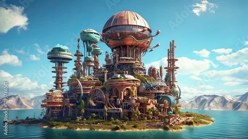 Steampunk bioenergy power plant. Inside, microscopic algae perform their photosynthetic magic, capturing sunlight, converting it into biofuel with remarkable efficiency. Renewable green energy AI-Gen.