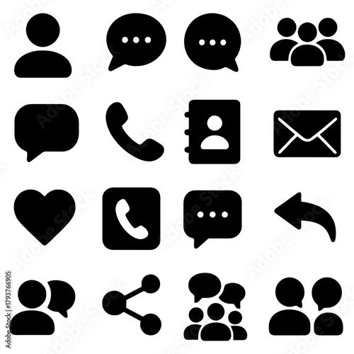 Essential Communication Icons: A curated collection of minimalistic icons representing various forms of digital communication, from user profiles and messages to phone calls and social sharing.