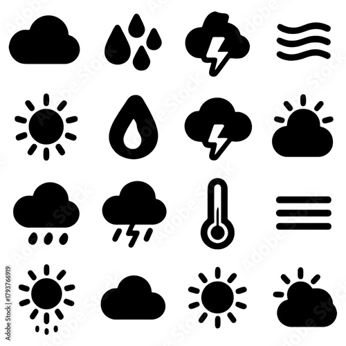 Weather Icons: A collection of simple weather icons includes cloud, rain, thunderstorm, wind, sun, and other weather element, designed in black color, creating a seamless background.