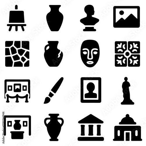 Artistic Elements: A visual collection of artistic elements, presenting iconic symbols of creativity, spanning from sculpting to painting, and culture, revealing tools and iconic representations.