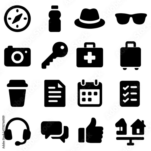 Travel Essentials: A collection of icons representing essential items for travel, each carefully illustrated to capture the essence of adventure and exploration.