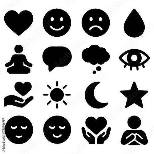 Emotions and Symbols: A collection of emotive icons representing states of mind and abstract concepts, perfect for digital design and expressive communication.