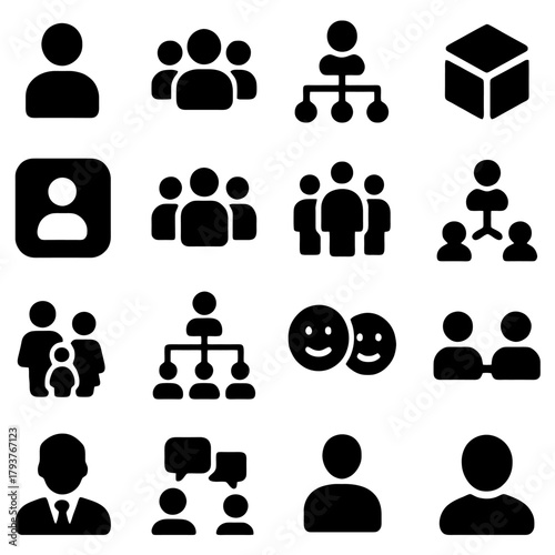 Diverse Icon Collection: A collection of various icons related to people and organizational structures. Representing the dynamic aspects of group dynamics, individual representation.