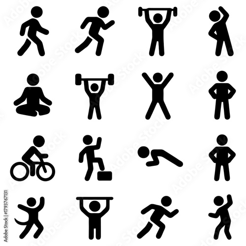 Diverse Fitness Pictograms: A collection of simple, black pictograms representing various fitness activities, from running to weightlifting, yoga to cycling.