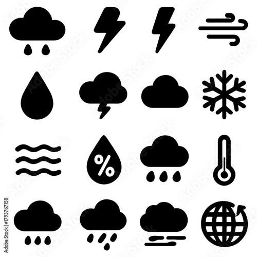 Weather Icons: A minimalist arrangement of weather icons symbolizing various climatic conditions, offering a clear visual representation of environmental states.