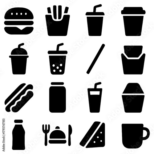 Fast Food Icons: A collection of meticulously crafted, minimalistic icons representing a variety of popular fast food items