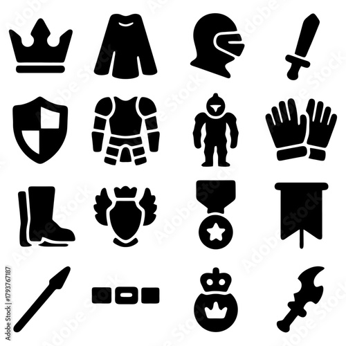 Symbols of Valor: a collection of emblematic silhouettes. The set comprises the tools and insignia of medieval heroism and nobility.
