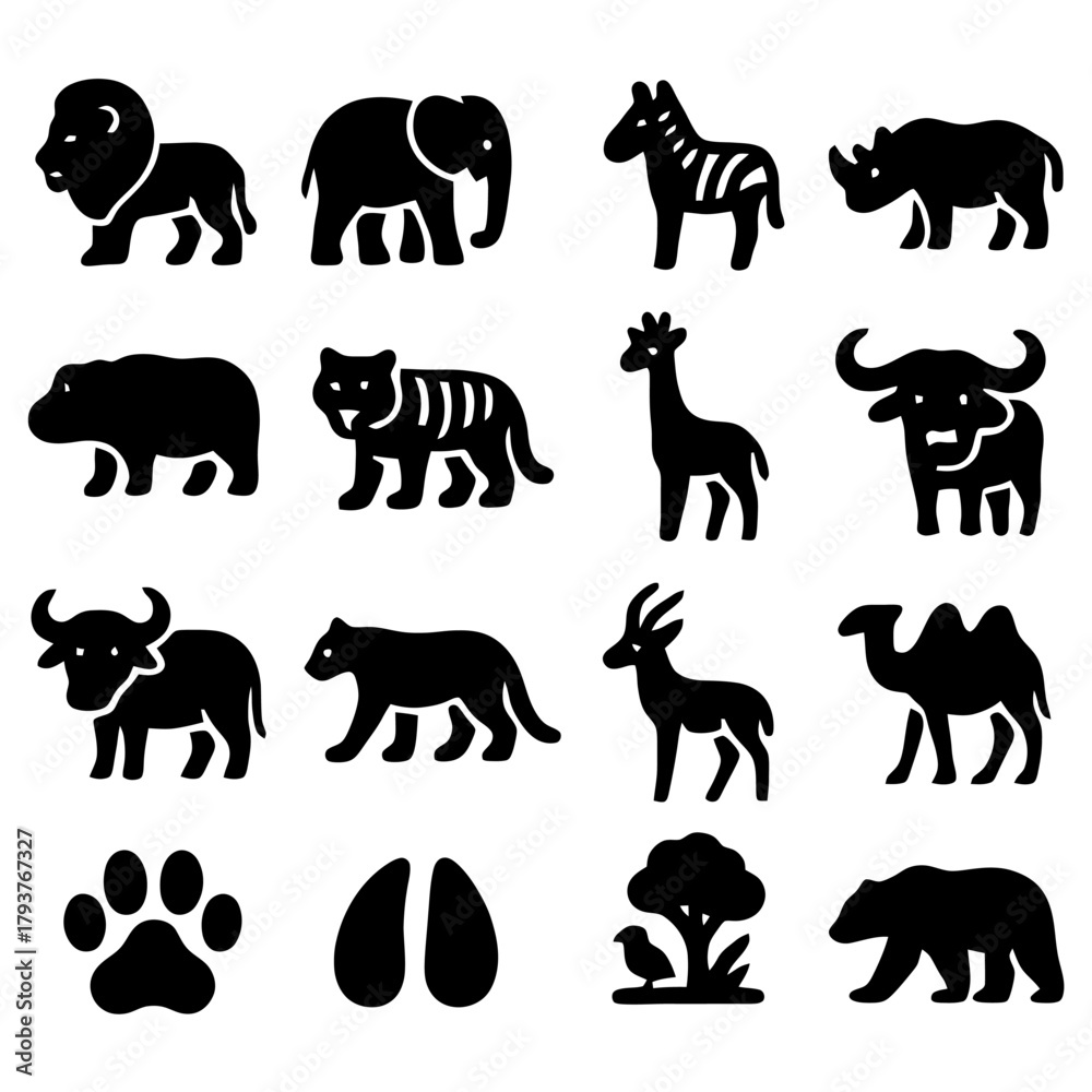 Fototapeta premium Animal Silhouettes: A collection of meticulously crafted animal silhouettes, offering a versatile range of iconic creatures for design and informational use.