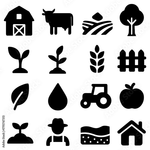 Farm Icon Set: A comprehensive collection of farm icons, featuring a barn, cow, fields, trees, crops, seeds, leaves, water drops, tractors, and an apple.