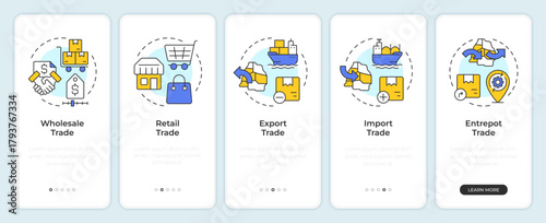 Types of trade onboarding mobile app screen. Retail business. Walkthrough 5 steps editable graphic instructions with linear concepts. UI, UX, GUI. Montserrat SemiBold, Regular fonts used