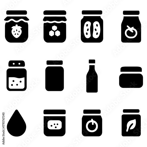 Jar Icons: A diverse collection of minimalist jar icons, perfectly suited for depicting various food storage or preservation concepts.