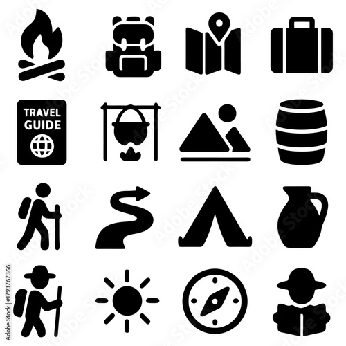 Icons of Adventure: Set of bold icons capturing the essence of exploration and outdoor adventure, each symbol representing essential elements of travel and discovery, from campfires to compasses.