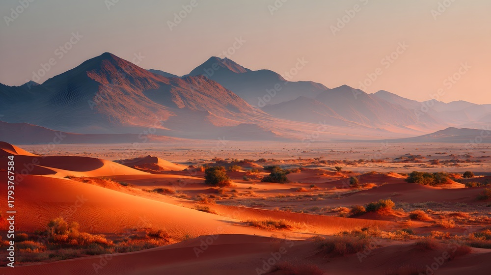 Naklejka premium Expansive desert landscape features towering mountains against a softly colored horizon at sunrise or sunset