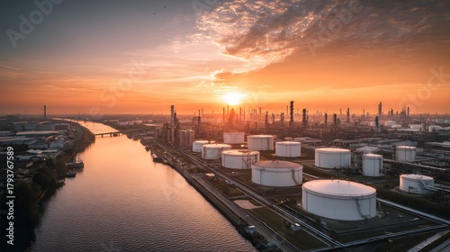 Expansive industrial complex featuring large storage tanks situated alongside a waterway during a vibrant sunset