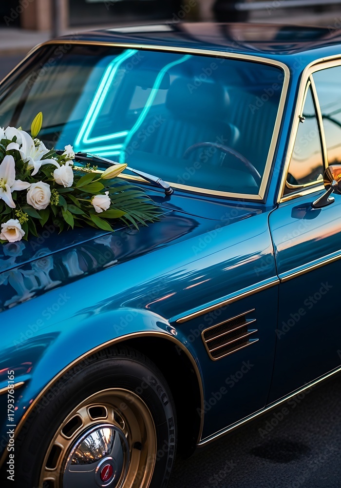 Fototapeta premium Vibrant blue classic car embellished with lush floral display for a wedding