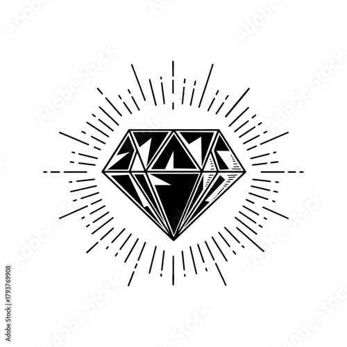 Vintage Diamond Jewelry Engraving with Sunburst Light Rays Vector Illustration