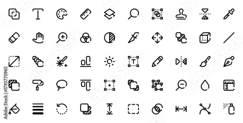 Edit Tools icon set. Vector design toolkit. Includesmerge, layers, pen, brush,selection, transform, pain, zoom and more. Professioal editable vector collecton.