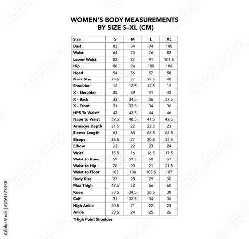 Women size centimeters chart S M L XL measurements for bust, waist, hips, sleeve, shoulder, height guide. Standard sewing fashion tailoring reference for female body proportions sizes