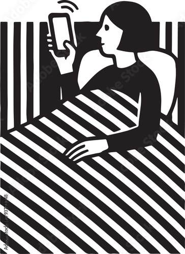 Striped Woman Using Phone in Bed – Minimal Black & White Geometric Illustration