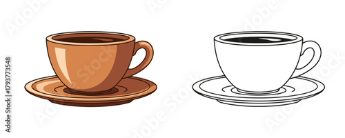 Vector illustration of a brown ceramic cup filled with coffee or tea on a matching saucer, shown in color and black outline
