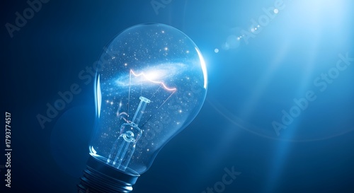Close-up of a glowing light bulb with a bright blue lens flare effect.