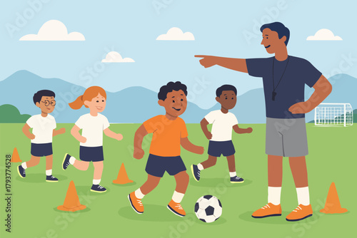 Volunteer Coaching Kids in Soccer Practice