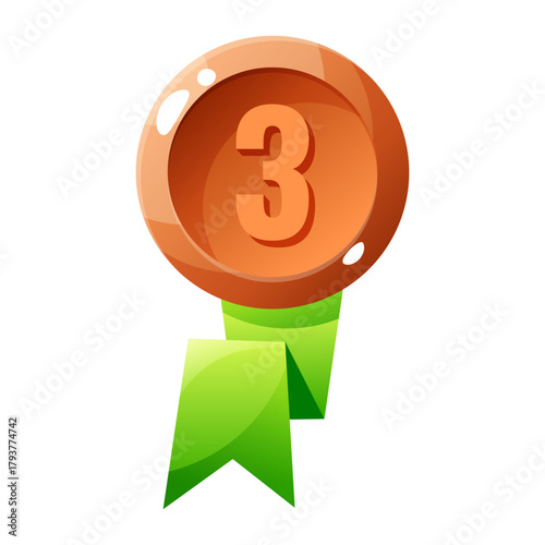 A bronze medal with the number three displayed prominently. The medal is attached to a green ribbon, symbolizing achievement in competitions or sports.
