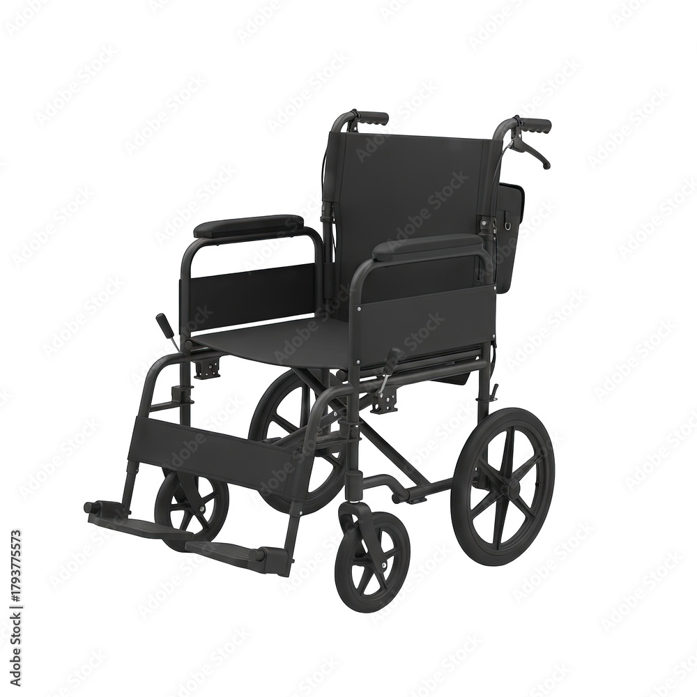 Fototapeta premium A Matte Black Wheelchair with Large Rear Wheels and Smaller Front Wheels Presented Against a Transparent Background