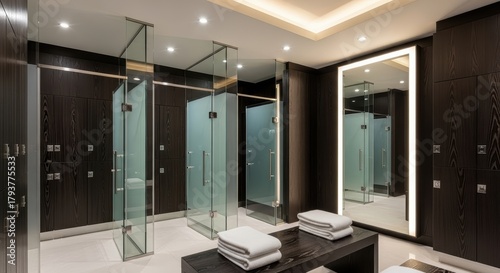 Luxurious and modern changing room with dark wood lockers, glass showers, and a large lit mirror.