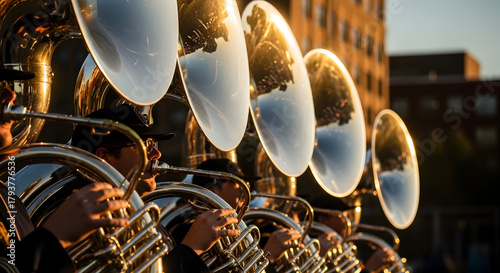 Close-up of a marching band tuba section playing outdoors at sunset.