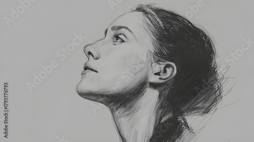 Monochrome portrait sketch depicts a woman's profile looking upward with intense expression