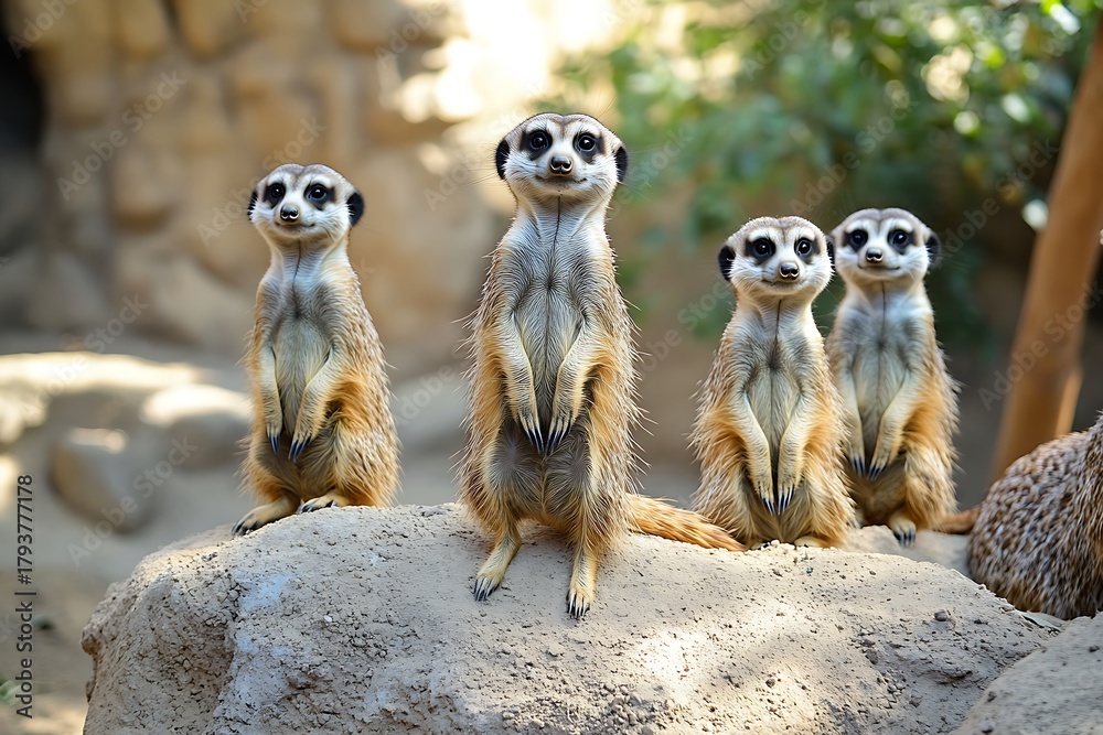 Fototapeta premium Group of meerkats standing upright on a sandy mound, attentively watching surroundings in their natural habitat